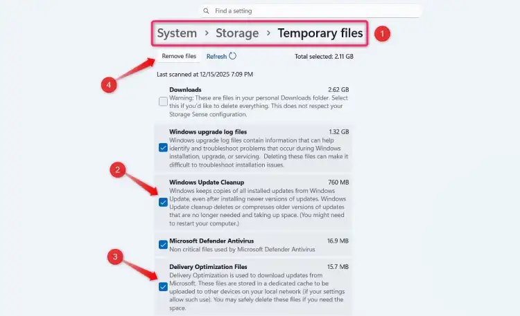 حذف الملفات المؤقتة